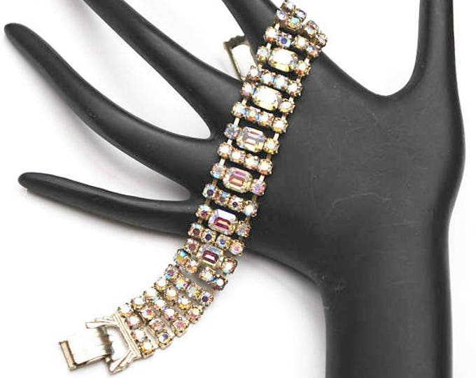 Rhinestone Bracelet - Aurora Borealis Crystal - Silver - Bling glitz Hollywood glamour - Mid Century Bracelet - Wedding Bride