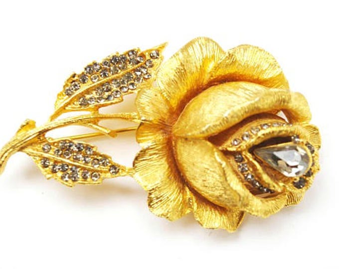 Rose Flower Brooch - Signed Benedikt NY- Gold Metal - Topaz Rhinestone - floral Rose Pin