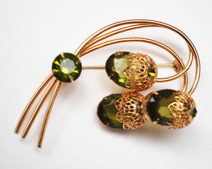 Sarah Cov Flower brooch - Touch of Elegence - olive green crystal gold filigree - Floral pin - Book piece