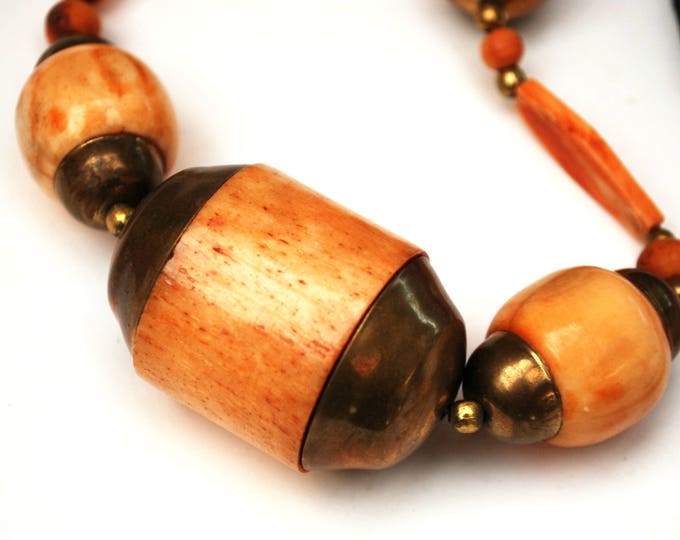 Boho Orange Bone Necklace - Chunky Brass and bone bead - Hippie - Tribal necklace