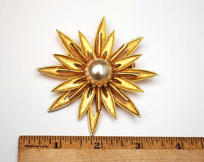 Cathe Flower Brooch - Gold and Pearl - Large Floral signed pin