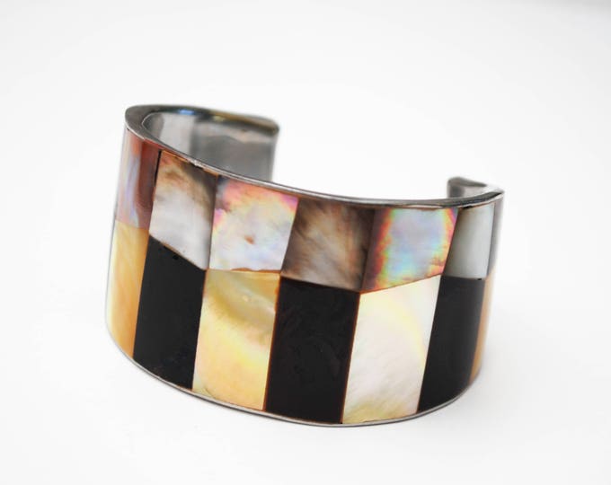 Mother of Pearl Onyx Abalone Cuff Bracelet - White shell inlay - Wide Boho Bracelet