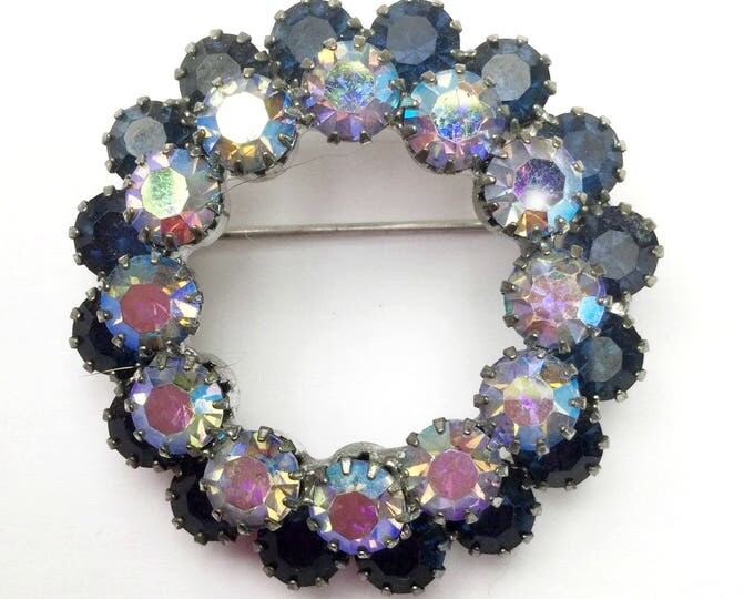 Blue Rhinestone Wreath Brooch - mid century - aurora borealis - blue Crystal Round pin