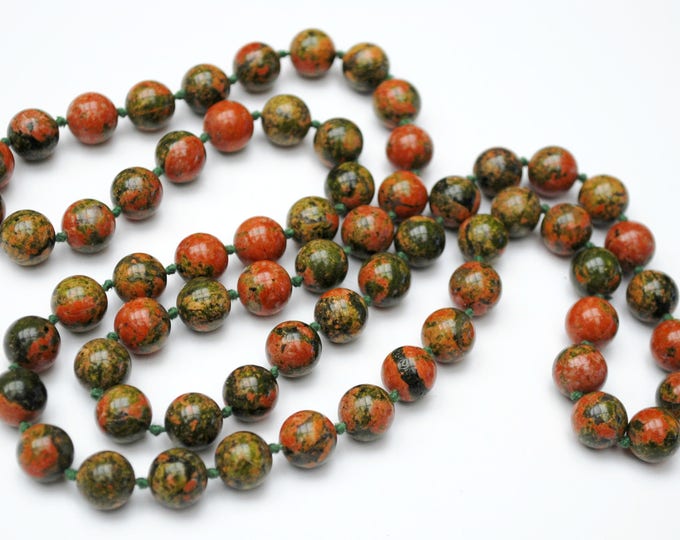 Polished Jasper bead Necklace - Red Green Gemstone - Natural stone - Gemstone Beads- green silk knots