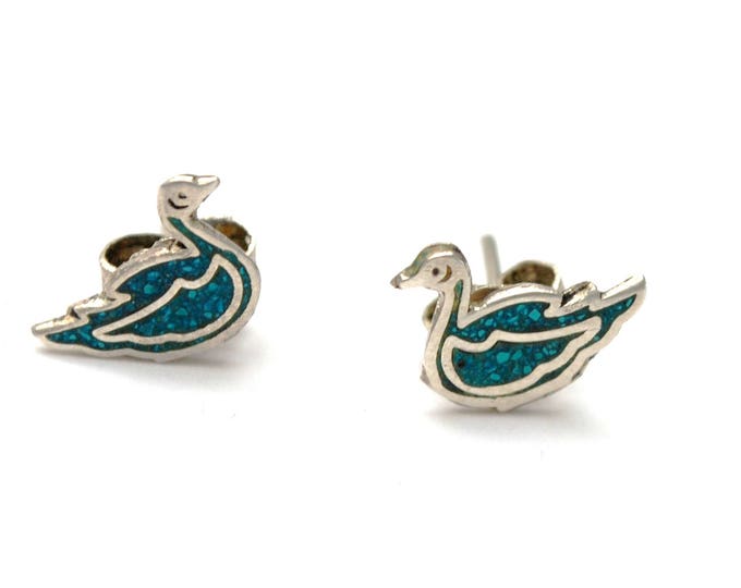 sterling duck earrings - Turquoise inlay - Blue gemstone - Silver stud figurine pierced earrings