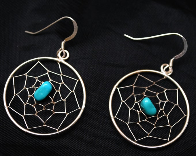Sterling Dream Catcher Necklace Dangle earrings set - turquoise bead Native American South western pierced earrings