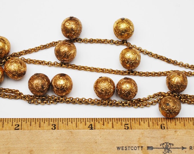 Monet Necklace - Dangle balls - multi strand chain - gold plated - repousse floral balls