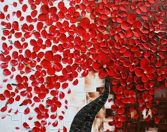 SALE Original Red Blossom Tree Thick Texture Impasto Palette Knife Modern Painting. 36 x 36. Made2Order.