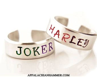 Harley Quinn or Joker Inspired Hand Stamped Adjustable Rings