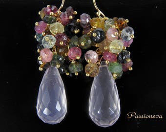 Earrings briolettes beads rose quartz semi precious ametrine vermeil14carats.
