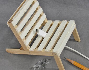 White shabby chic cell phone holder, iphone stand, android stand, popsicle stick chair, wooden desk accessories, office decor, docking