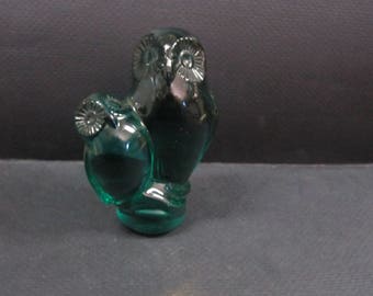 green Glass owl paperweight mother and baby