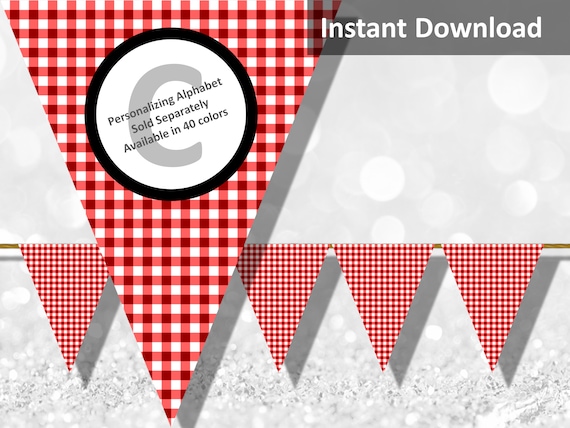 Burgundy Red Gingham Bunting Pennant Banner, Farm Party Decorations ...