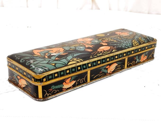 Antique French Art Deco Lithographed Black Rectangular Tin Box Decorated with Ducklings, 1930s Ducks and Mallards Pattern on Metal Candy Tin