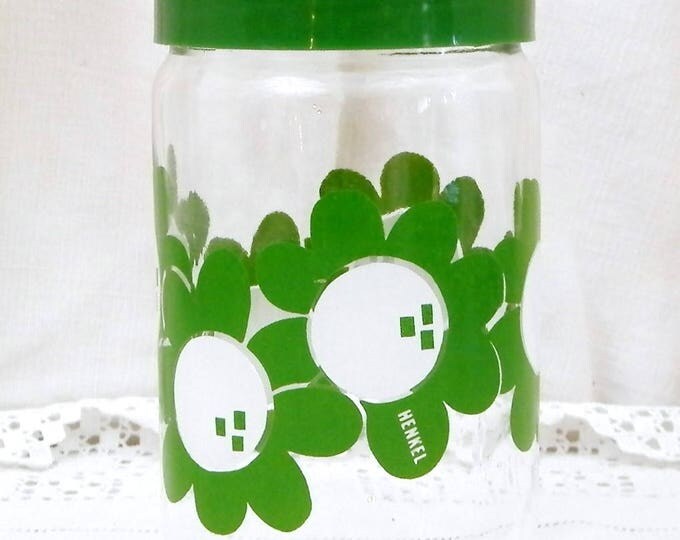 Vintage French Airtight Henkel Glass Storage Jar with Green Flower Design, 1960S Vintage Kitchen Decor, Retro Kitchenalia from France