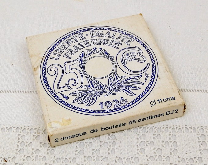 2 Vintage Cast Metal Coasters for Wine Bottles Shaped as 1924 French Coins with Original Box, Retro Coin Coaster from France, Dinner Party 2 Vintage Cast Metal Coasters for Wine Bottles Shaped as 1924 French Coins with Original Box, Retro Coin Coaster from France, Dinner Party