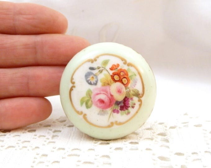 Vintage White Porcelain and Brass Hand Painted Floral Pattern with Mint Green and Gold Gilt Boarder Furniture Pull Handle / Knob