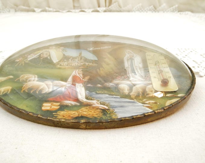 Vintage French Novelty Religious Thermometer with Picture of Bernadette Soubirous of Lourdes with Virgin Mary Apparition inside Domed Glass