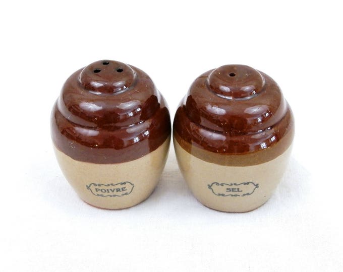 Vintage 1970s Country Brown French Ceramic Salt and Pepper Shaker Set, Farmhouse Pot Bellied Cruet Set from France in Brown Glazed Pottery