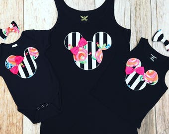 MOMMY & ME Minnie Mouse Inspired Disney Family Vacation Trip T-Shirt Black White Stripe Rose Print Tee Tank Onesie Hair Bow or Headband
