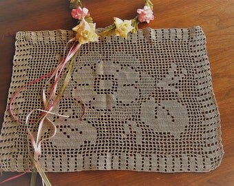 Hand Crocheted Vintage Doily, Filet Crochet Doily, Table Topper, Place Mat,, Center Piece, Chair Back Sofa Back, Dark Ecru Cotton, 1940's