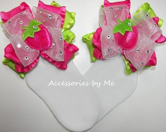 Strawberry Shortcake Socks, Hot Pink Lime Green Bow Socks, Infant Baby Girls Toddler Halloween Costume Dance Pageant Dress Up Bows Headbands