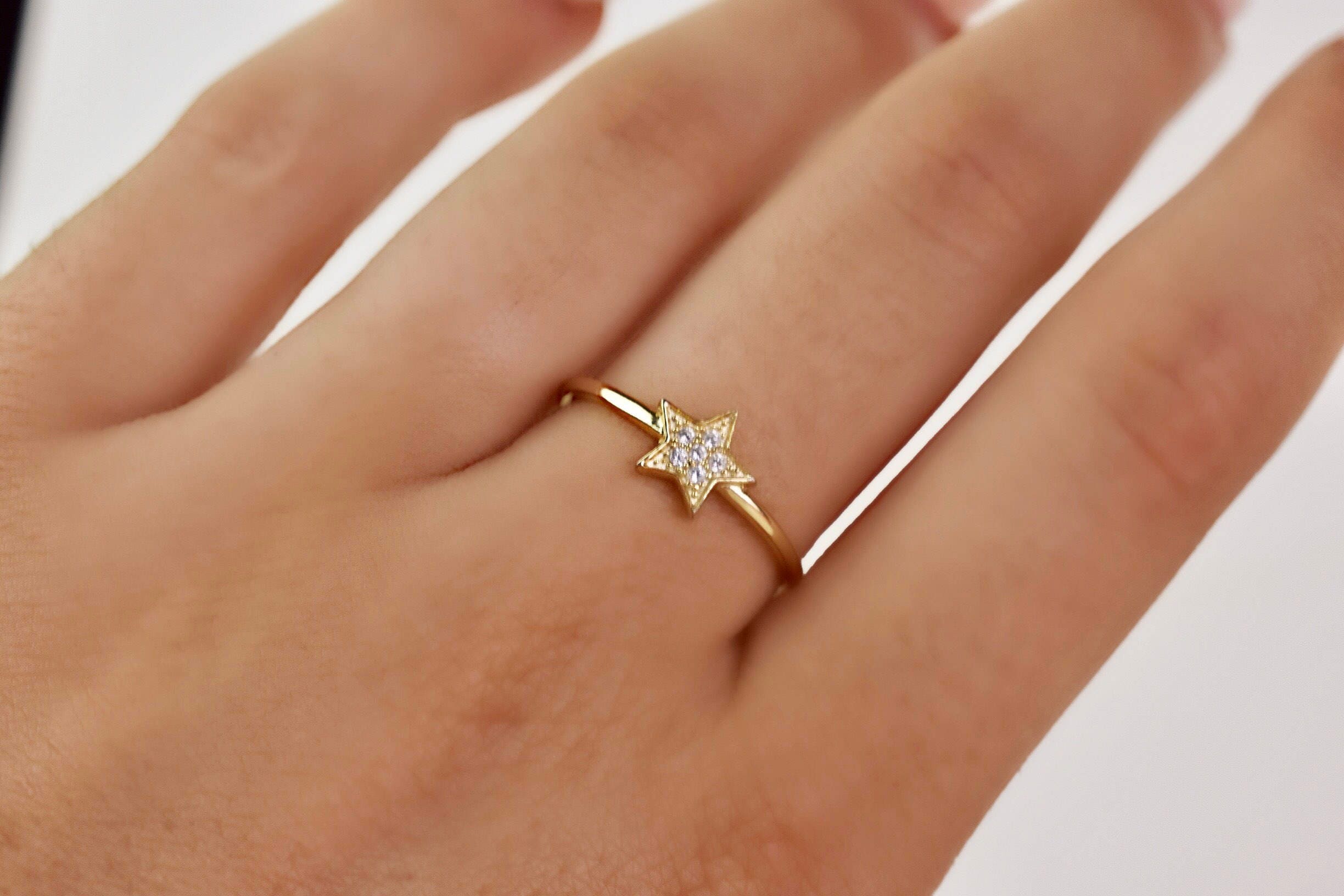  Star  Shaped 14 K Yellow Gold Diamond Ring  Stackable Gold 