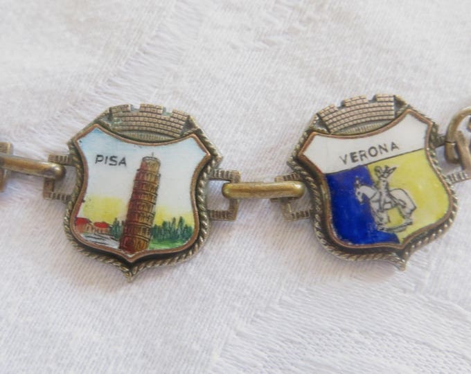 Vintage Italian Souvenir Bracelet, Enamel Panel Bracelet, The Vatican, Pisa, Verona, Milan, Torino, Andora, Italy Souvenir