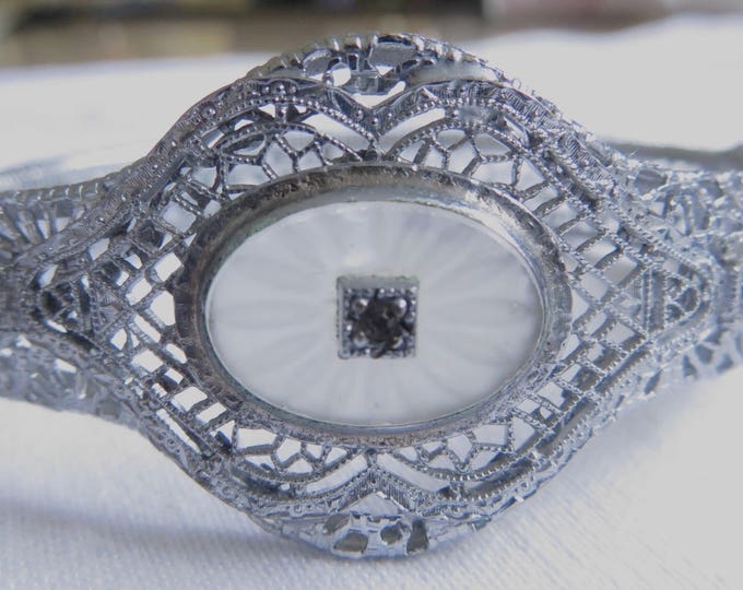 Antique Art Deco Camphor Glass Bracelet, Sapphire Glass Stones, Rhodium Filigree Setting, Antique Art Deco Camphor Jewelry