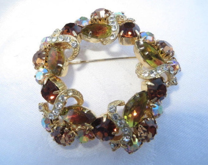 Rhinestone Brooch, Navette and AB stones, Green Amber Stones, Vintage Rhinestone Pin