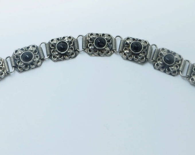Vintage Bracelet, Silver Repousse Panels, Glass Cabochon Stones, Dimensional Baroque Beauty!