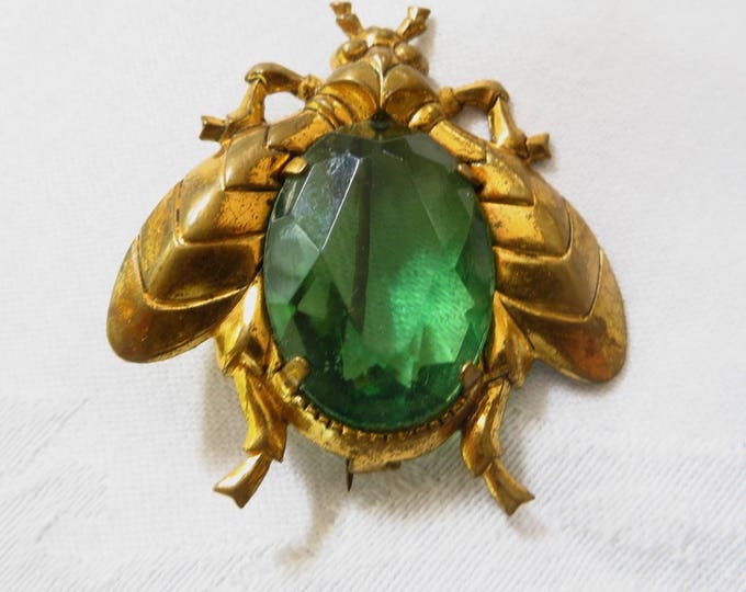 Antique Bug Brooch, Brass and Green Glass, Faceted Stone, Old C clasp, Vintage Insect Jewelry