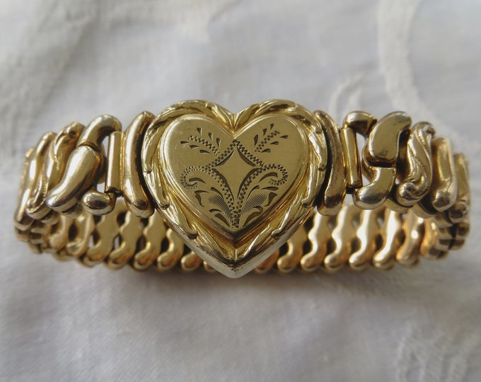 Gold Filled Sweetheart Bracelet, Etched Heart, Signed Carl Art, Expansion Bracelet, 1940s Bracelet