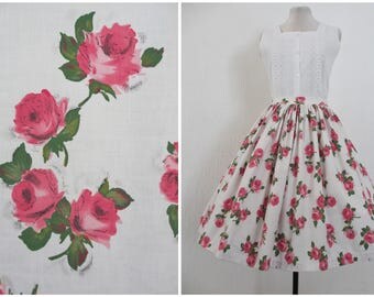 1950s Skirt 50s Full Skirt White Pink Rose Print Skirt Cotton Brushwork Floral Skirt 29” Waist S / M