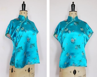Vintage 1950s 1960s Cheongsam blue silk satin top - Cheongsam top - Vintage Chinese top - Chinese top - Asian top - Oriental top - Cheongsam