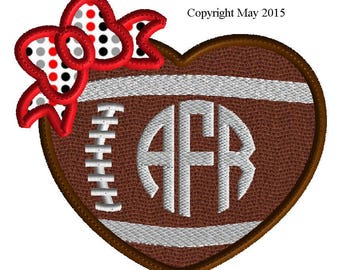 Embroidery Design, football heart applique with bow, 7 sizes, team sports, high school sports, college sports, no fonts with design