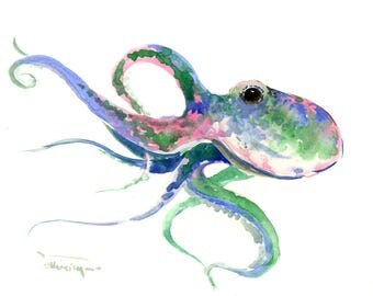 Doft Blue Turquoise Pink Ocotpus Painting, underwater scene, water animals aquatic art