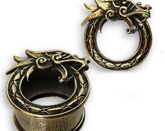 ON SALE CJ-Murugan Tribal earrings plugs, Balinese or Japanaise dragon, brass tribal plugs for mens, viking dragon ear plugs, festival tranc