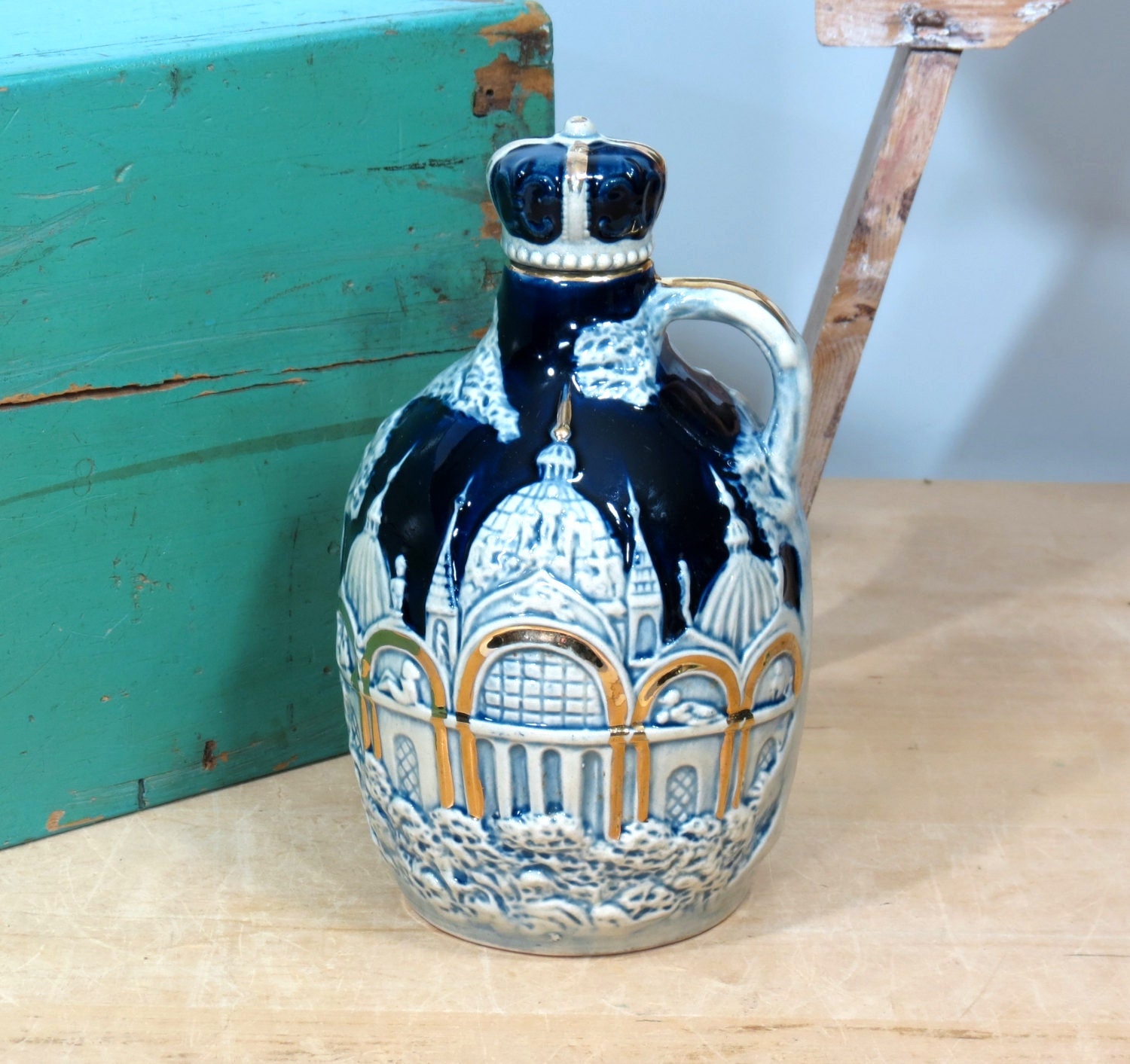 Vintage Ceramic Decanter Music Box . Cobalt Blue with Gold