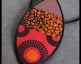 Black polymer pendant / orange / raspberry / taupe patterned