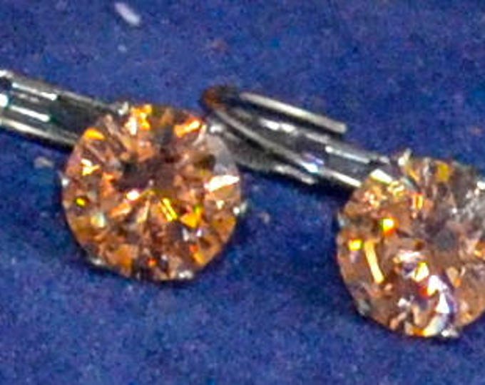 Yellow Zircon Leverback Earrings, 8mm Round, Natural, Set in Stainless Steel E1067