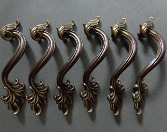 Vintage French Provincial Cabinet Pulls 6 Antique Brass Leaf design Dresser Drawer Handles hardware