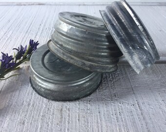 4 aged Vintage Ball Mason Zinc jar lids, canning jar lids with porcelain insides, zinc canning jar lids, craft lids for Ball jars,