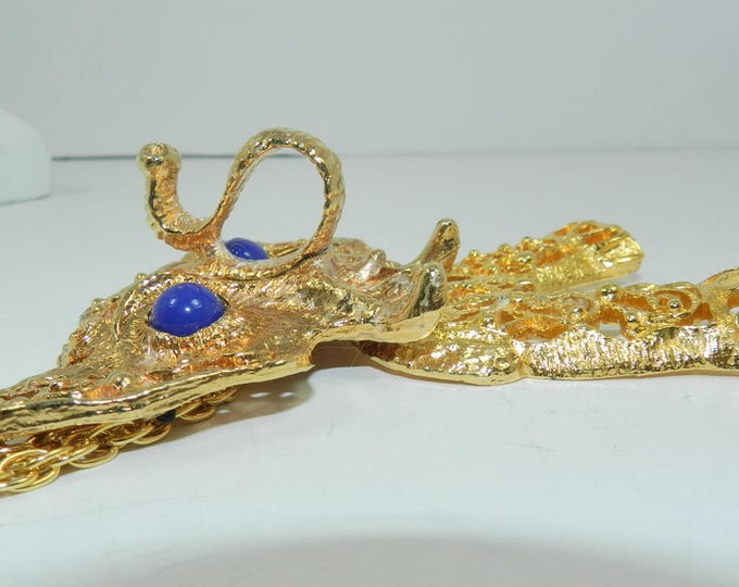 Juliana D&E Articulated Gold and Blue Elephant Pendant Necklace Large Animal Gold Filigree Verified Book Piece Jewelry Gift For Her