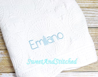 Monogrammed baby quilt, White Baby boy Quilt, monogrammed Baby girl quilt, Personalized Quilt, heirloom baby quilt, baby shower gift