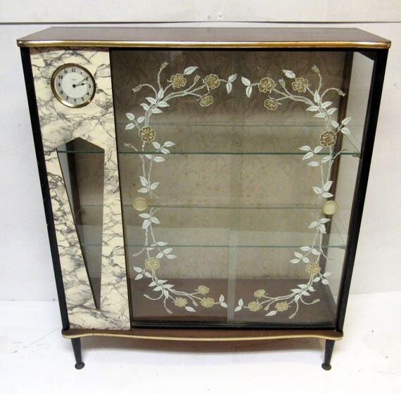 Art Deco display cabinet with clock mid century