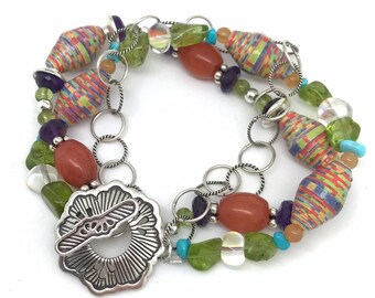 Triple Strand Bracelet with Mixed Gemstone and Paper Beads // bracelets // Sterling Silver // Paper Mache beads // gifts for her // luxury
