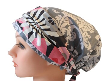 Scrub Hat Cap Chemo Bad Hair Day Hat NEW European Banded Pixie Tie Back Grey White Damask with Pink Floral Band 2nd Item ships FREE