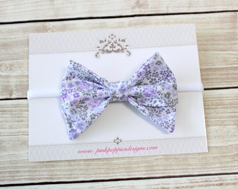 Floral Bow Headband, Lavender and Gray Headband, Nylon Headband, Baby Girl Headband, Baby Bow, Baby Girl Hair Bow, Floral Headband, Newborn