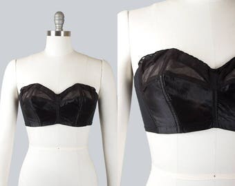 Vintage 1950s Strapless Bullet Bra | 1950s Black Satin Mesh LADY MARLENE Bustier (34C)